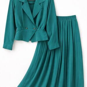 Vintage 80s 90s teal skirt corporate chic work cute glam